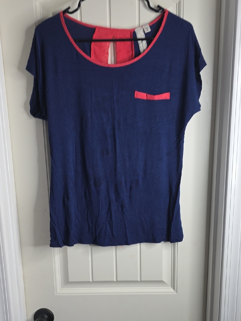 Robin K Navy Short Sleeve Top with Coral Trim